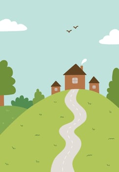 A spring or summer landscape with clouds, hills, houses, trees and a road. hand-drawn illustration in flat style. Beautiful cartoon background with nature. Perfect for cards, banners. vector