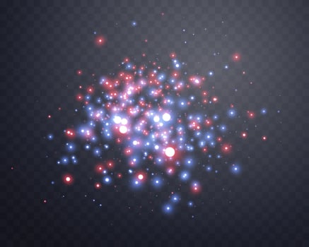 Red and blue magic sparks and dust stars. Glittering dots, particles, sparkles. Glow flare light effect. Red luminous points. particles on dark background. vector