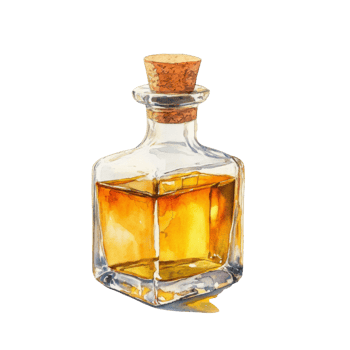 A Watercolor Painting of a Glass Bottle of Amber Liquid png