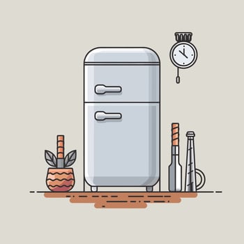 refrigerator, kitchen utensils, clock and other items vector