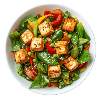 Pan Fried Tofu with Colorful Vegetables and Sesame Seeds png