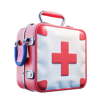A Red First Aid Kit with a Large White Cross and a Small Blue Tag png