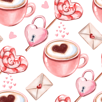 Romantic seamless pattern with pink coffee cups png