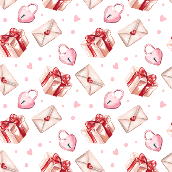 Envelope, pink heart padlock and gift box. Seamless pattern png