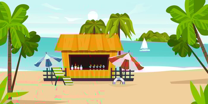 Cartoon tropical landscape with sand, water, palm trees, beach bar, umbrellas, deck chair, lifebuoy and a sailing boat on the turquoise sea vector