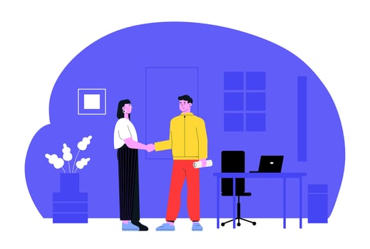 Two business people shaking hands after reaching an agreement during a meeting in a modern office with blue walls, a desk, a laptop and a plant vector