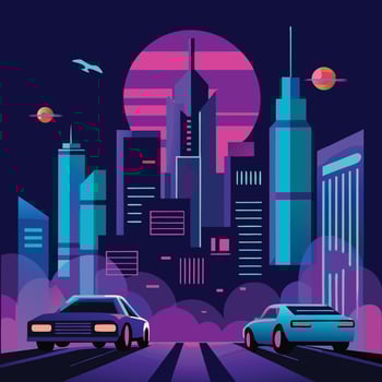 Retro Futuristic Cityscape Neon Lights, Cars, and Skyline vector
