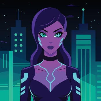 Cyberpunk City Futuristic Woman, Neon Lights, Night Cityscape vector