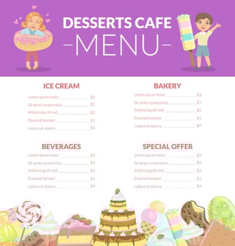 Desserts Cafe Menu, Kids Food Menu, Ice Cream, Beverages, Bakery, Special Offer Illustration vector
