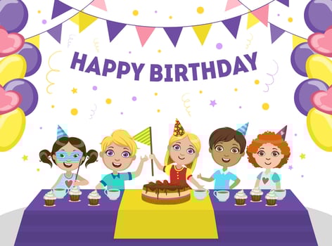 Happy Birthday Banner Template, Cute Boys and Girls Celebrating Party, Banner, Poster, Flyer, Invitation Card Illustration vector