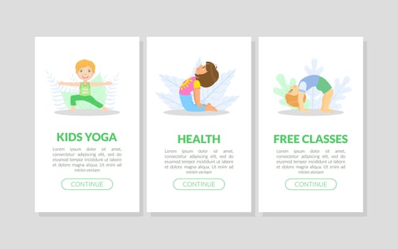Kids Yoga, Health, Free Classes Landing Page Templates Set, Kids Sport and Yoga Training Illustration vector