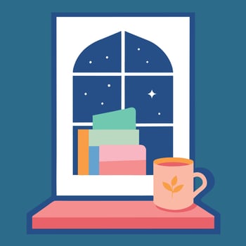 Cozy Nighttime Reading Books, Window, Stars, Warm Drink vector