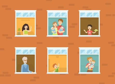 People Looking Out of Windows Set, Neighbors in Their Apartments Greeting Through the Windows Illustration vector