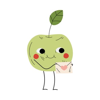 Cute Smiling Apple Holding Envelope, Cheerful Fruit Character with Funny Face Illustration vector
