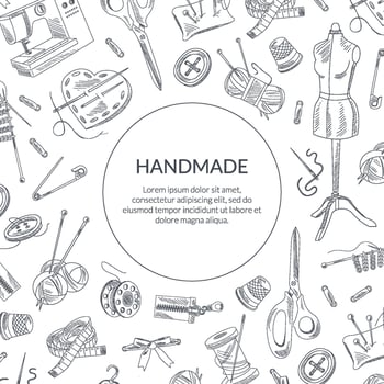 Handmade Banner Template with Hand Drawn Sewing Supplies Seamless Pattern, Tailor Shop, Workshop Element Illustration vector