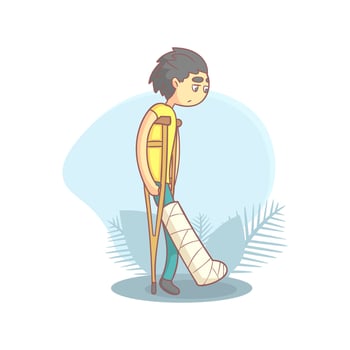 Teenage Boy Walking on Crutches with Broken Leg, Unhappy Injured Boy Character Illustration vector