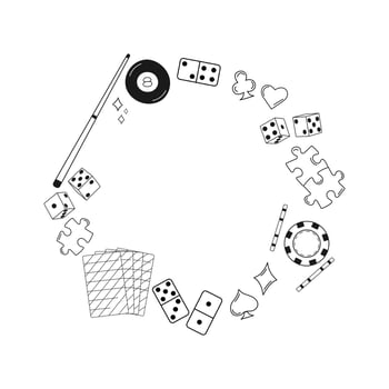 Game and casino elements circle frame. Pool, dice, domino, poker chips, playing cards, puzzle. Versatile design for gaming, entertainment, casino-themed projects. vector