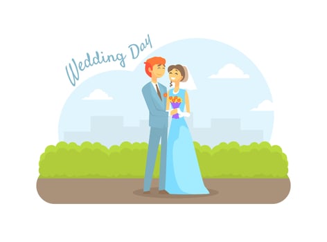 Wedding Day, Happy Just Married Couple, Romantic Bride and Groom Characters on Summer Natural Landscape Illustration vector