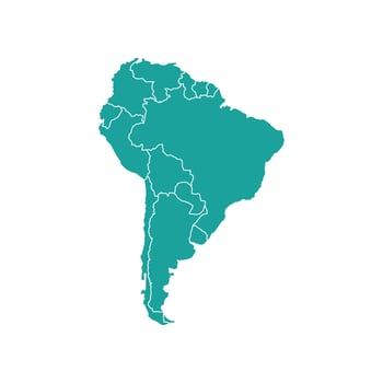 Isolated map of South America on white background. Highly detailed, with borders. Includes Brazil, Peru, Venezuela, Paraguay, Argentina, Colombia, Ecuador, Chile, and Uruguay vector
