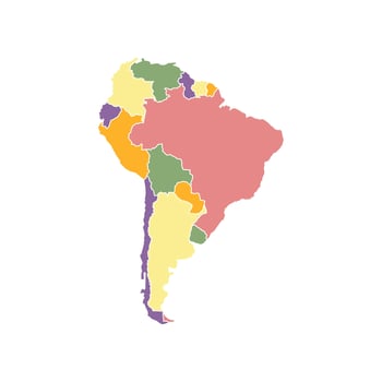 Isolated colored map of South America on a white background. Highly detailed, with borders. Includes Brazil, Peru, Venezuela, Paraguay, Argentina, Colombia, Ecuador, Chile, and Uruguay. vector