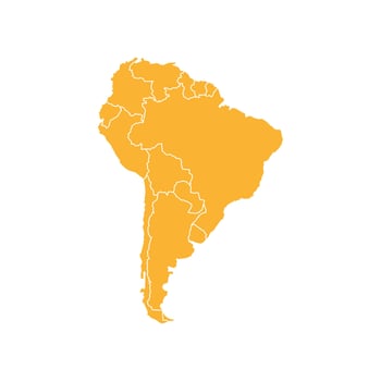 Isolated orange map of South America on a white background. Highly detailed, with borders. Includes Brazil, Peru, Venezuela, Paraguay, Argentina, Colombia, Ecuador, Chile, and Uruguay. vector
