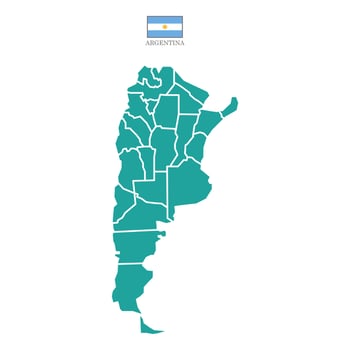 Turquoise map of Argentina divided into states and territories. White flat design isolated on a white background. Highly detailed illustration Europe vector