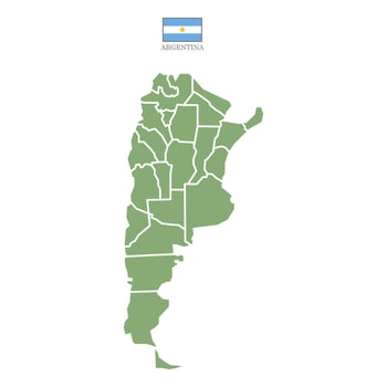Green map of Argentina divided into states and territories. White flat design isolated on a white background. Highly detailed illustration Europe vector