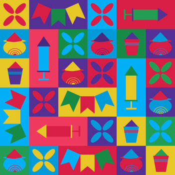 Colorful modular pattern inspired by Holi celebrations with abstract elements like pots, rockets, banners, and floral designs in vibrant red, blue, green, yellow, and purple tones. vector