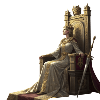 The queen sits on a throne with a sword png
