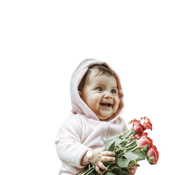 A baby in a pink hoodie holding a bunch of roses png