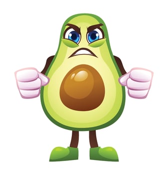 Angry avocado character with clenched fists, expressing frustration. cartoon illustration vector