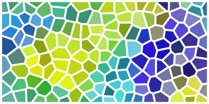 A vibrant mosaic pattern with irregular polygonal shapes in shades of blue, green, yellow, and purple, outlined in white, creating a stained-glass effect with a smooth color transition. vector