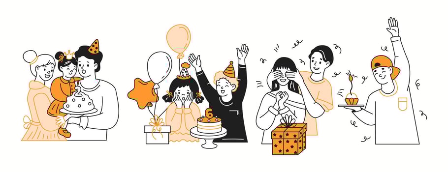 Happy birthdays party celebration orange color linear icons collection. Family and friends holiday doodle characters on white background vector