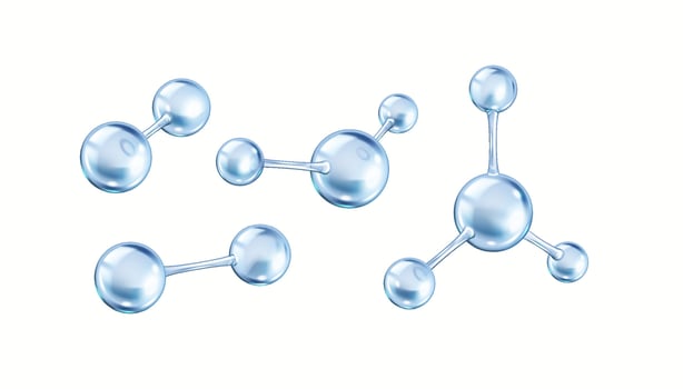 Blue collagen molecules from spheres realistic color icons set. Chemical structures form bond 3d objects bundle on white background vector