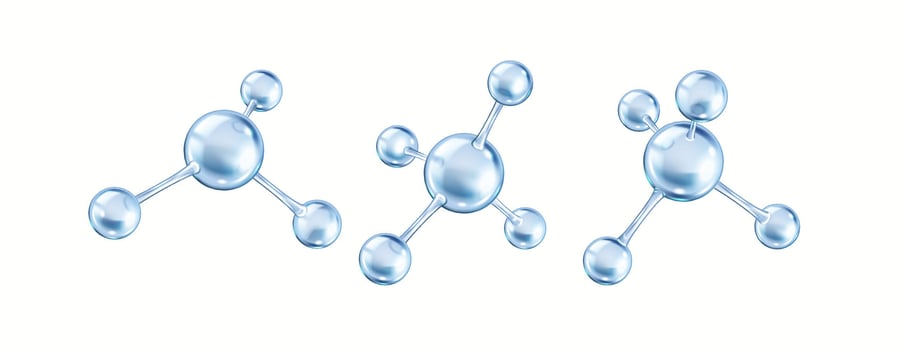 Rotating blue collagen molecules from spheres realistic color icons set. Spheres create connection 3d objects bundle on white background vector