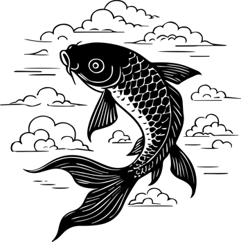 A black and white illustration of a fish jumping png