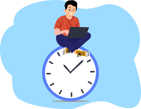 Productivity concept. Productivity and project management. Man sitting on clock. Time management concept. Man with laptop report and clock png