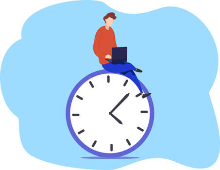 Time management concept. Man with office laptop report and clock png