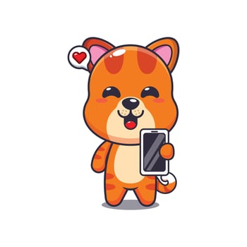 cat mascot cartoon character illustration with mobile phone. vector
