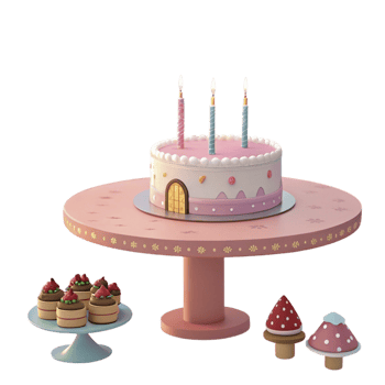 A pink cake with candles on top and a small table with cupcakes png