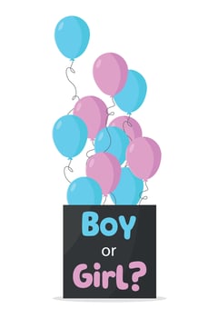 Box of balloons for baby gender reveal party. Surprise for future parents and friends. Boy or girl. vector