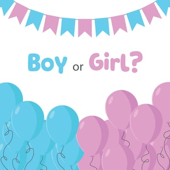Baby gender reveal party invitation card with balloons and garland. Surprise for friends, relatives. vector