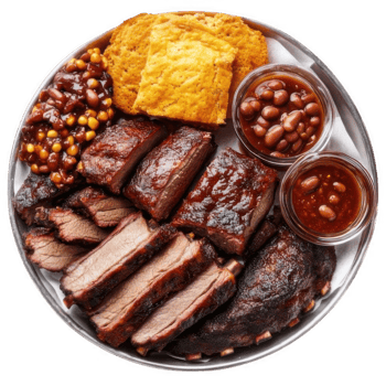 Slices of grilled beef belly with baked beans and pickles png