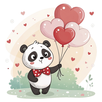 Panda bear holding heart shaped balloons png
