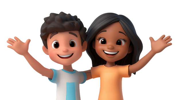 Children joyfully posing together with friendly smiles and raised arms in a cartoonish style png
