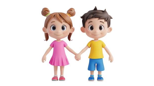 Cartoon children holding hands in a playful pose, showcasing friendship and innocence in a bright, cheerful setting png