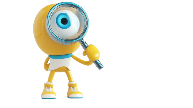 Bright yellow character with magnifying glass exploring a whimsical world filled with adventure and curiosity png