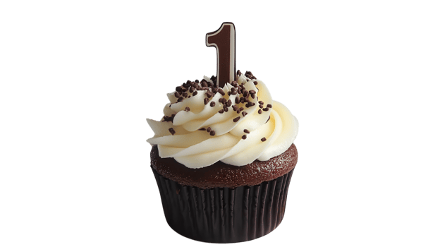 Chocolate cupcake topped with creamy frosting and a birthday candle for a first birthday celebration png