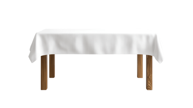 White tablecloth draped over a wooden table in a simple setting for dining or decoration purposes png