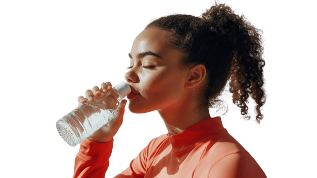 Young woman enjoying refreshing water while wearing a vibrant sports outfit in a bright setting png